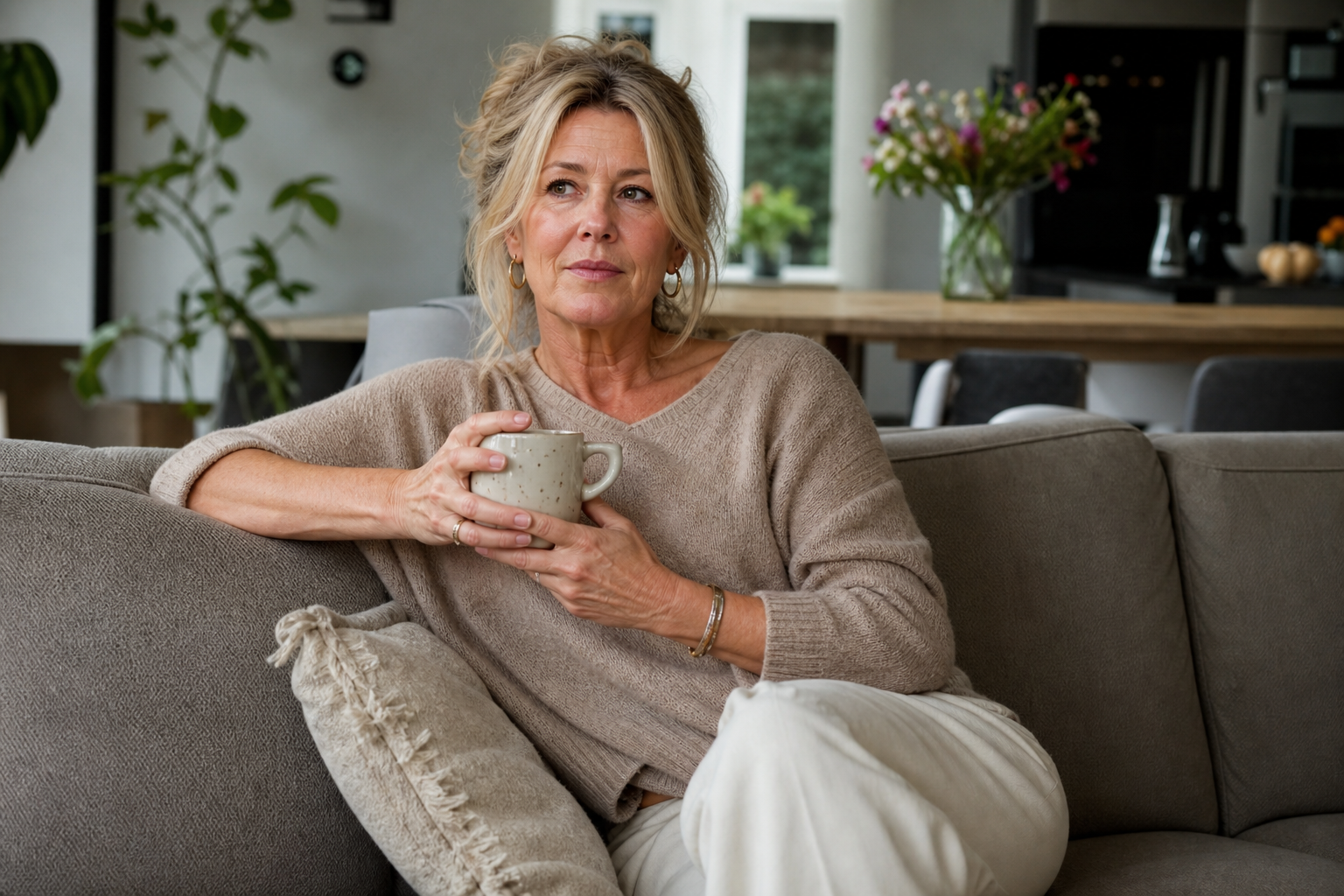 Nederlandse vrouw 55+ rustmoment thuis