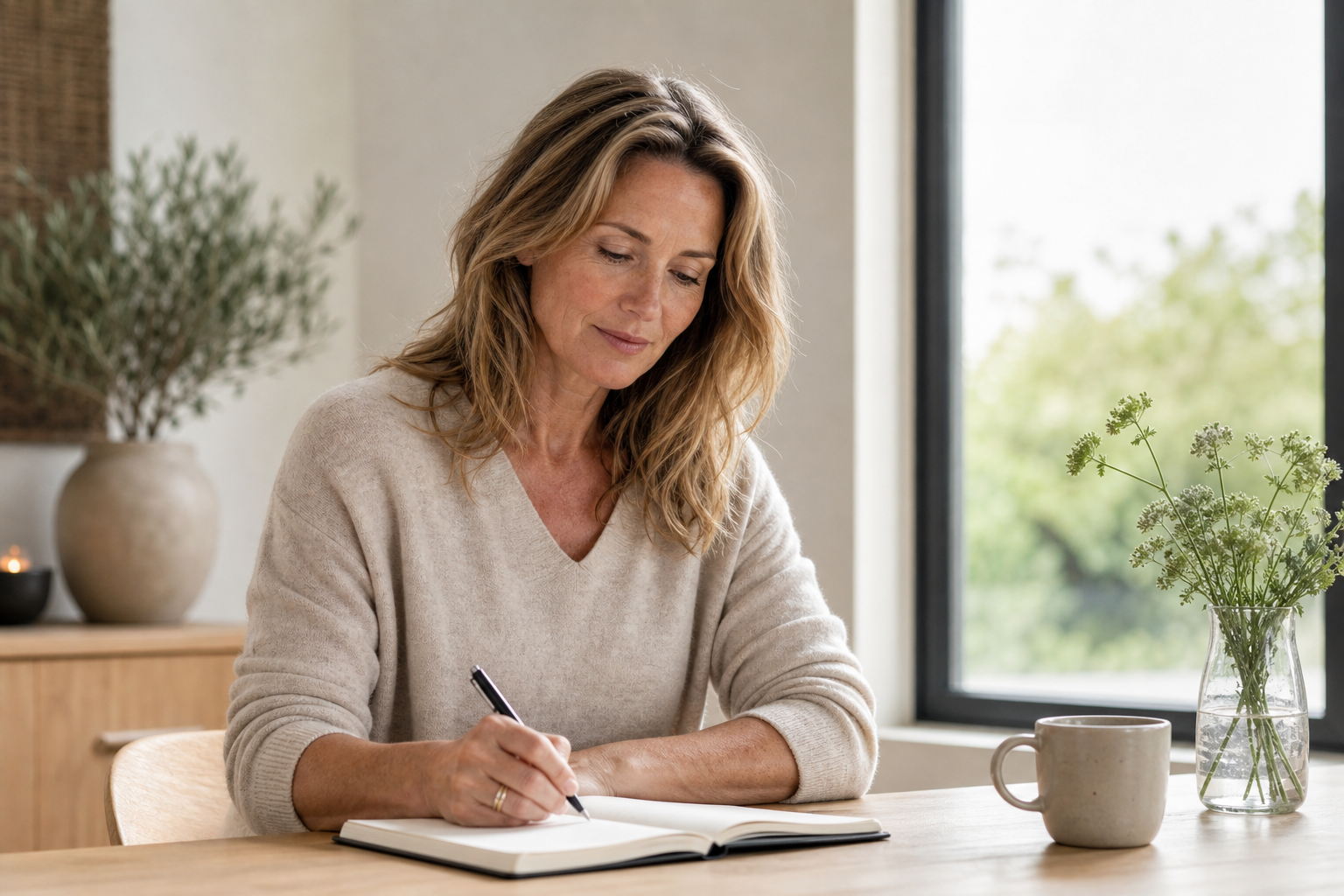 Nederlandse vrouw 48+ met notitieboek aan bureau