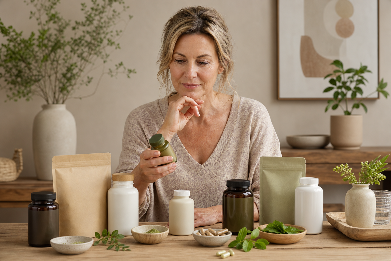 Nederlandse vrouw 50+ vergelijkt supplementen aan tafel
