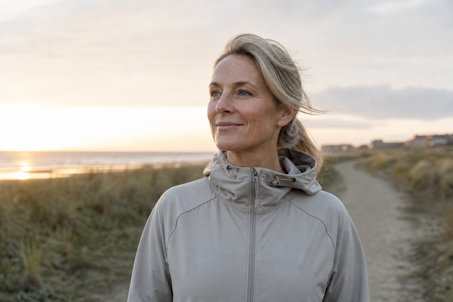 Nederlandse vrouw 50+ frisse ochtendwandeling buiten