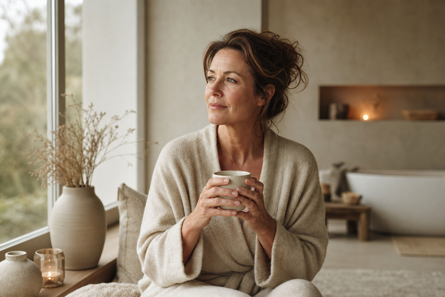 Nederlandse vrouw 51+ peinzend bij ochtendlicht met kop thee
