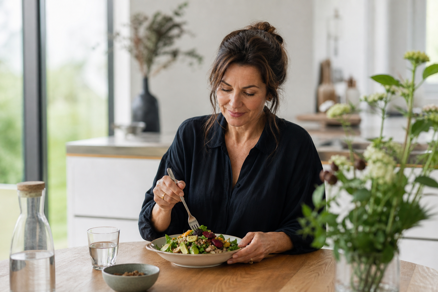 Nederlandse vrouw 48+ eet gezonde lunch aan keukentafel