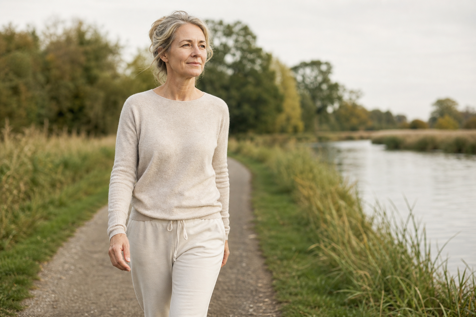 Nederlandse vrouw 54+ wandelt in park