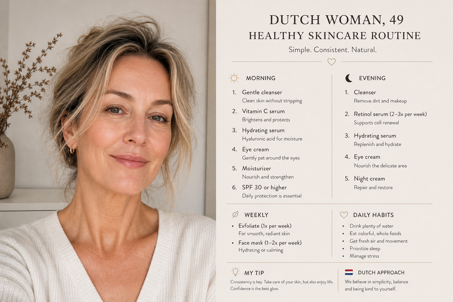 Nederlandse vrouw 49+ gezonde huidverzorging
