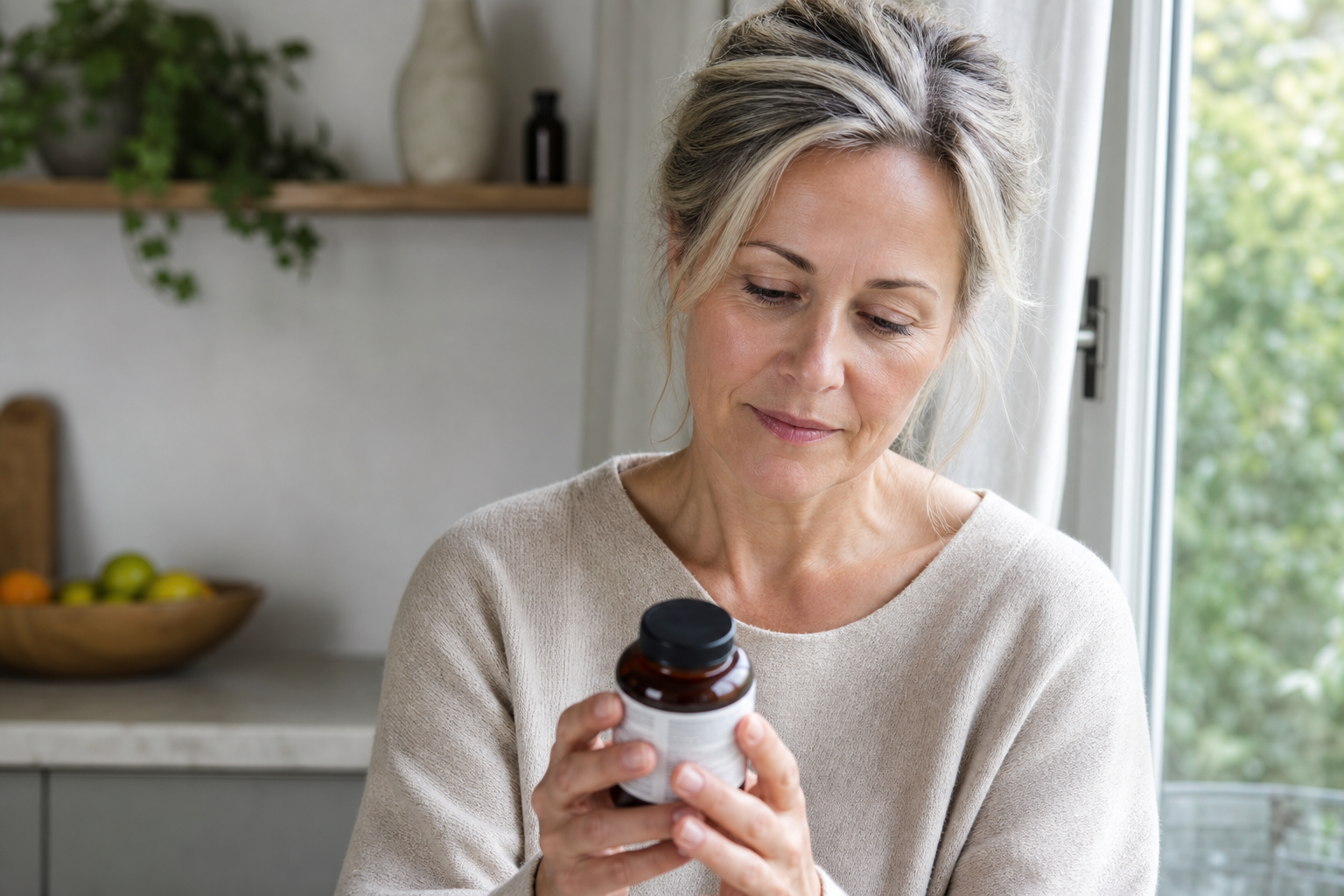 Nederlandse vrouw 49+ leest supplementetiket bij keukenraam