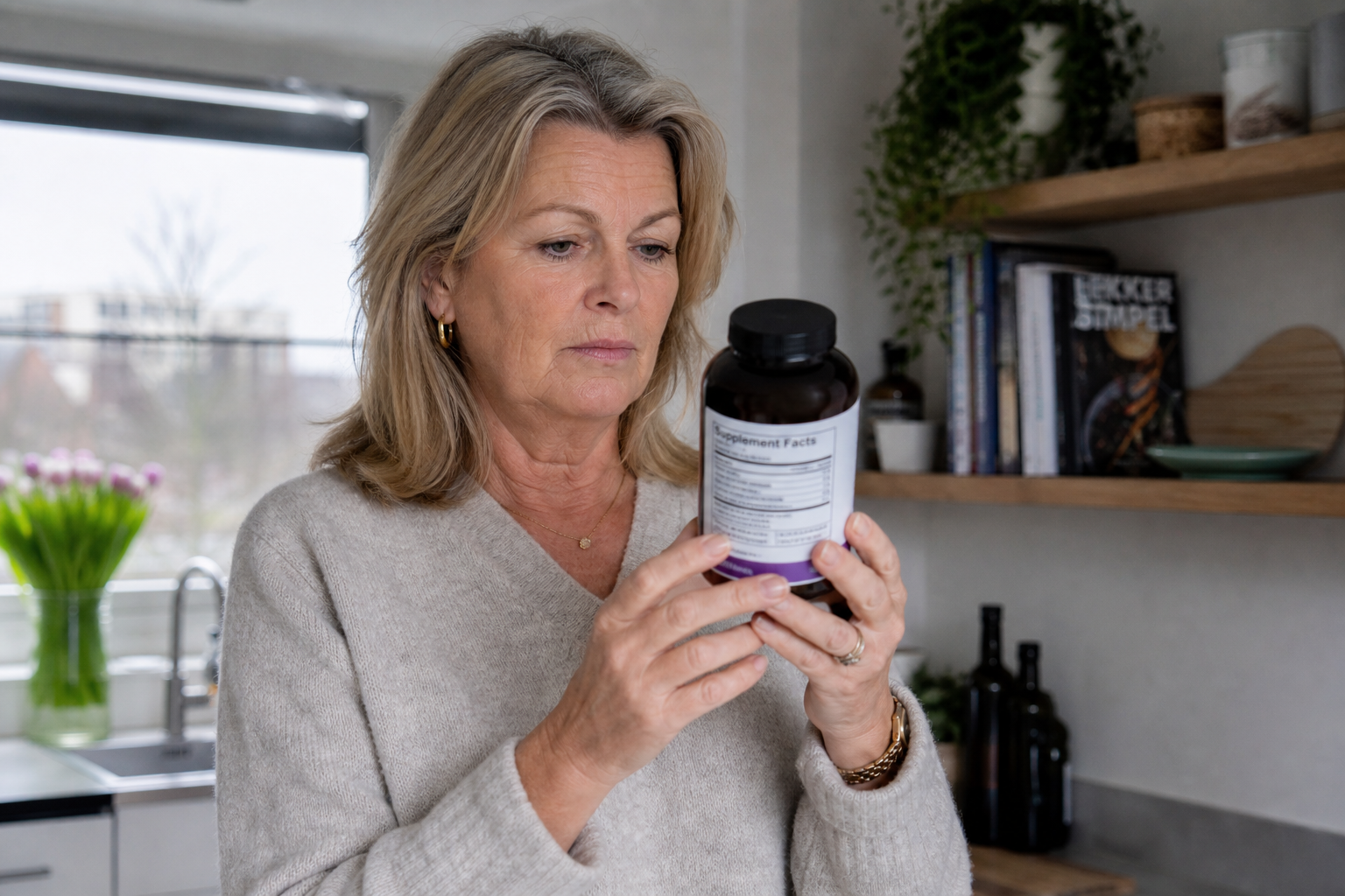 Nederlandse vrouw 55+ leest supplementetiket