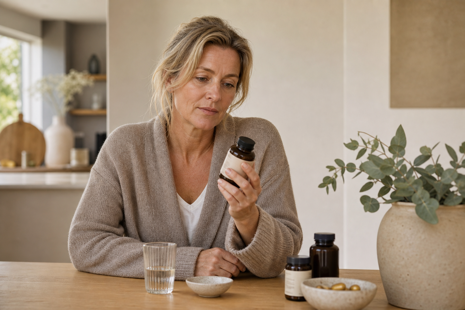 Nederlandse vrouw 52+ leest rustig supplementinformatie aan keukentafel