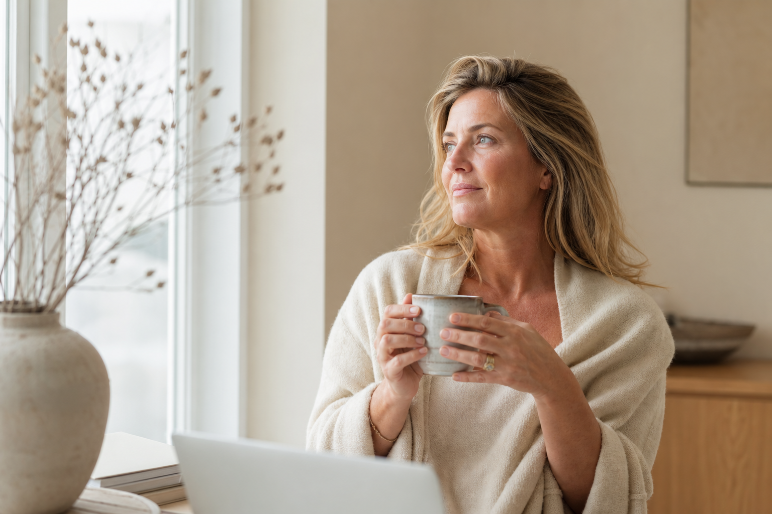 Nederlandse vrouw 48+ pauze tijdens drukke werkdag bij raam