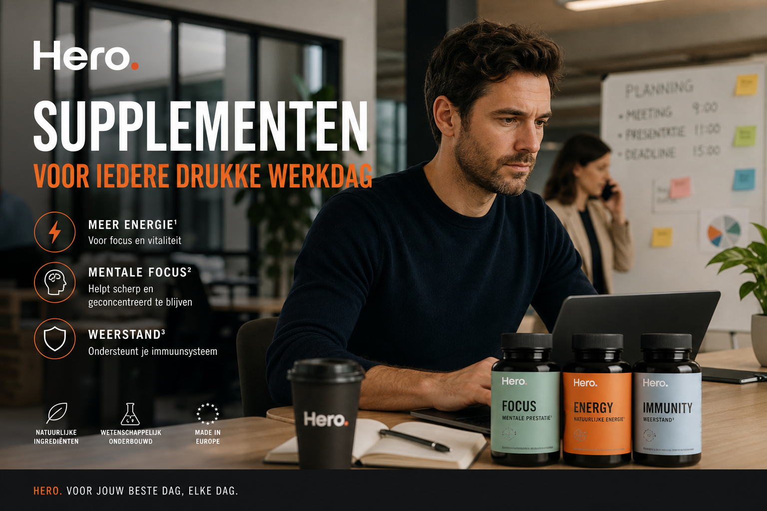 Nederlandse vrouw 50+ plant supplementroutine voor werkdag