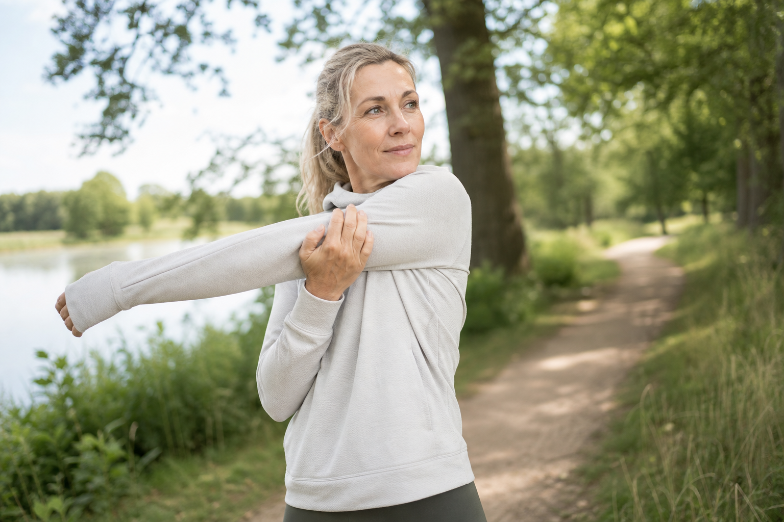 Nederlandse vrouw 48+ rekt uit na sportieve wandeling