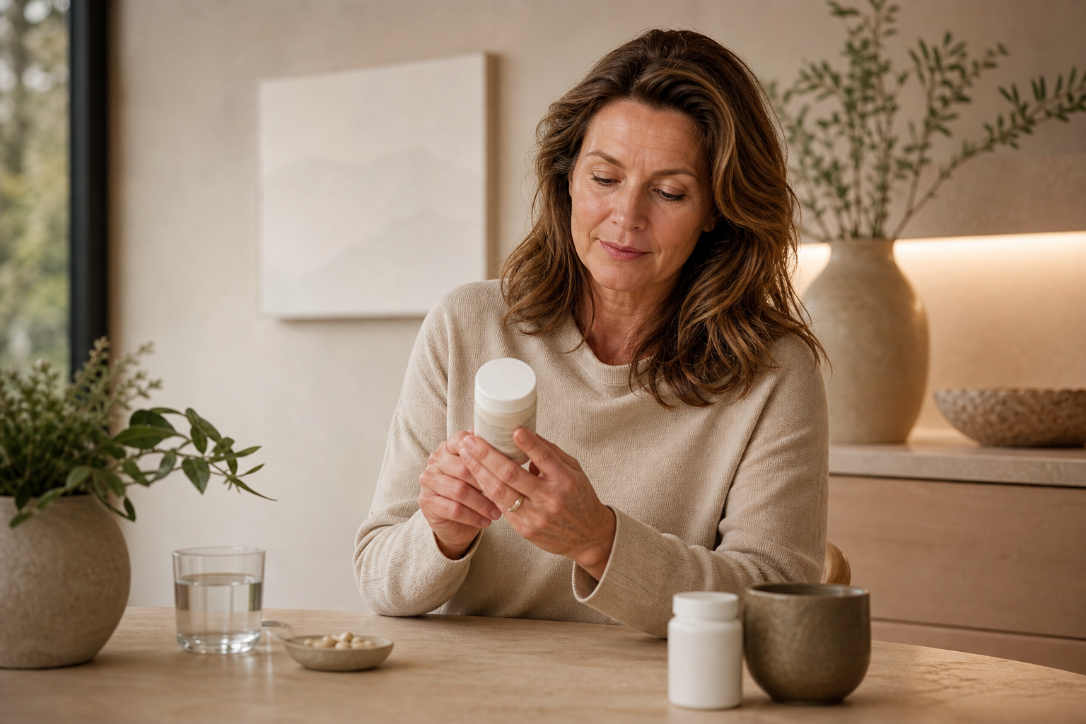 Nederlandse vrouw 52+ leest rustig supplementinformatie aan keukentafel