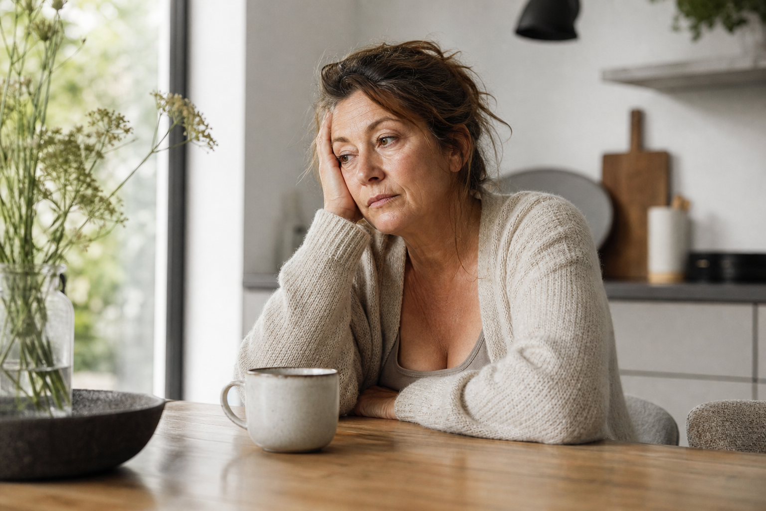 Nederlandse vrouw 53+ moe aan keukentafel bij ochtendlicht