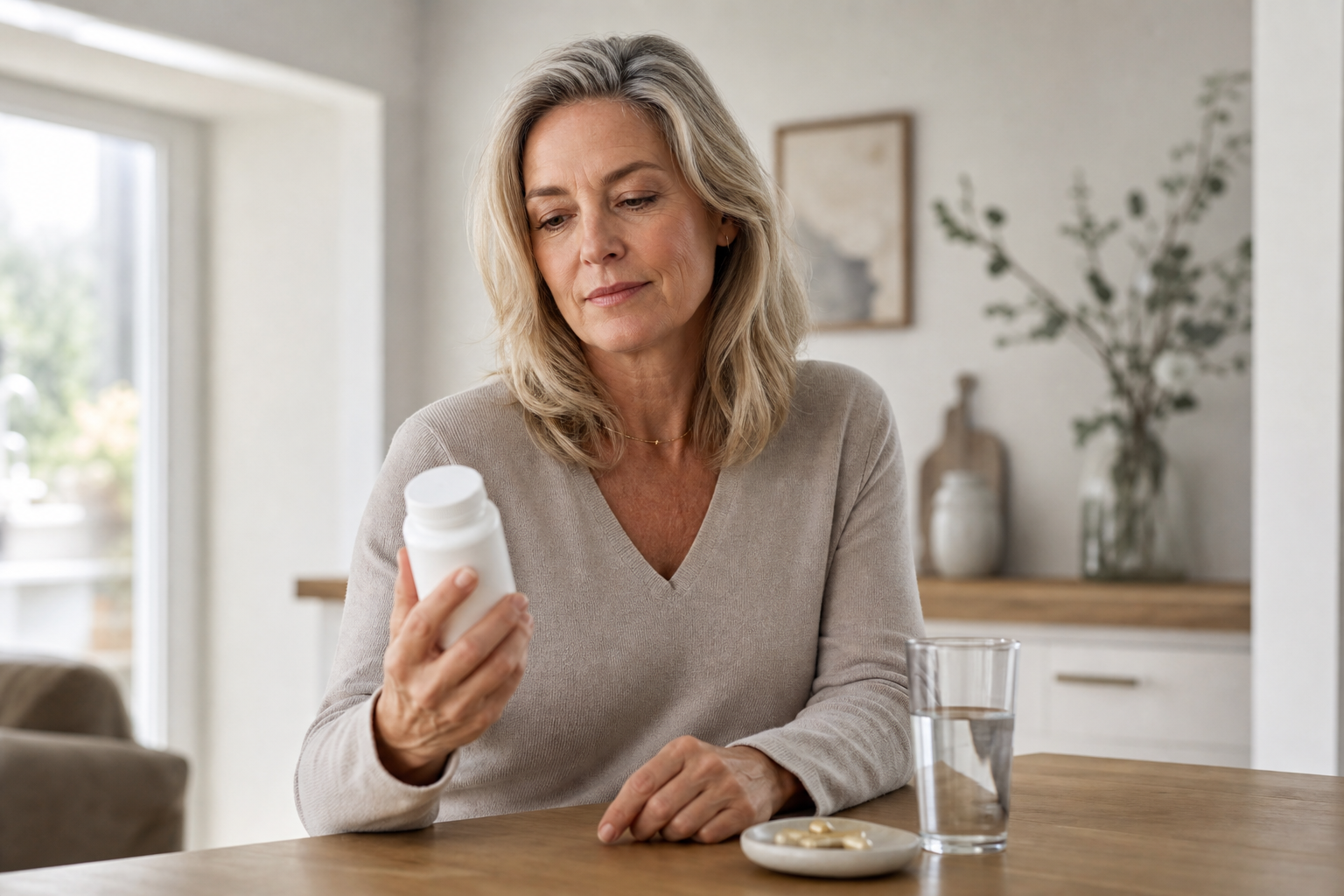 Nederlandse vrouw 53+ leest supplementinformatie rustig