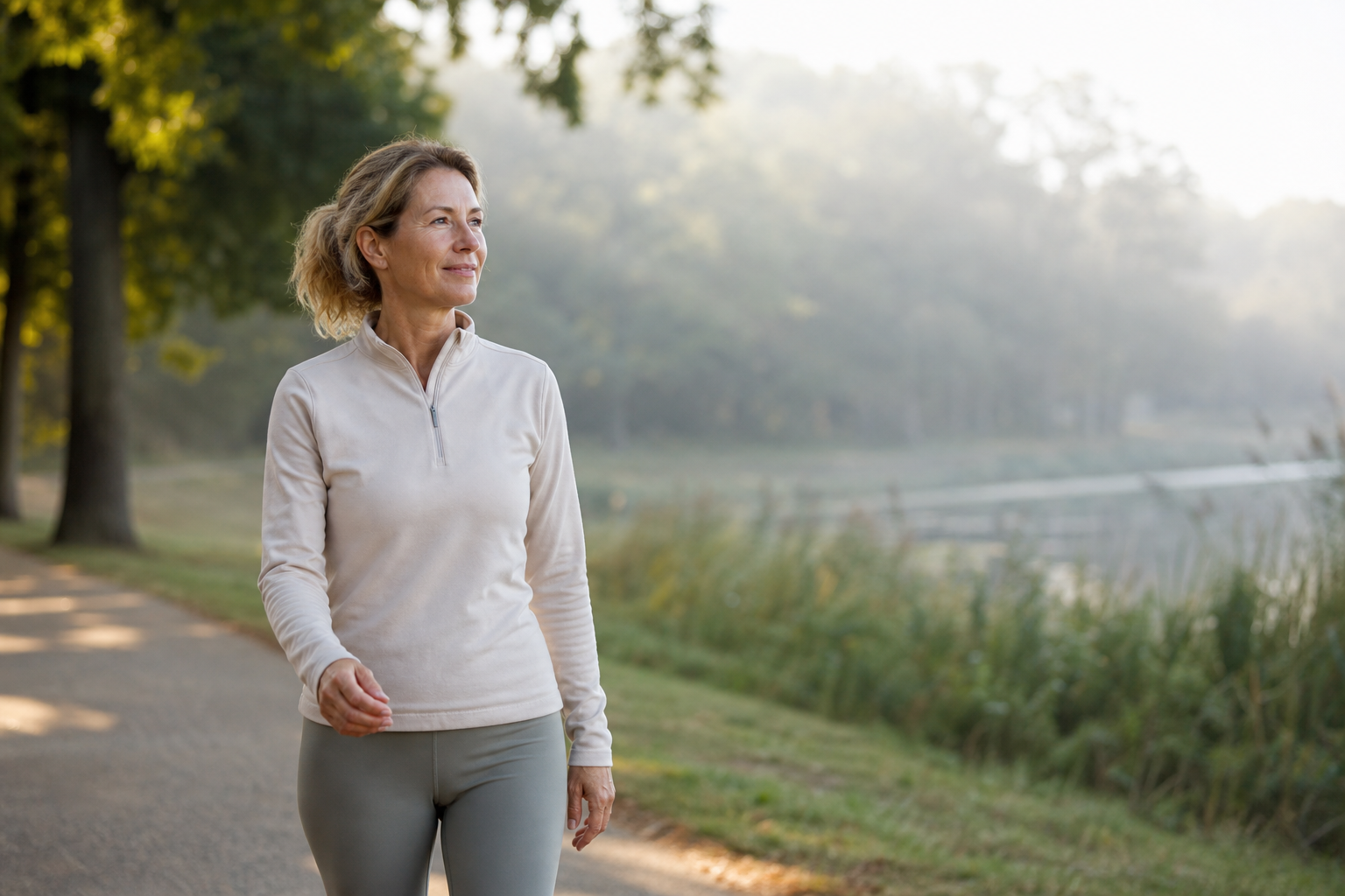 Nederlandse vrouw 48+ in sportkleding op rustige ochtendwandeling