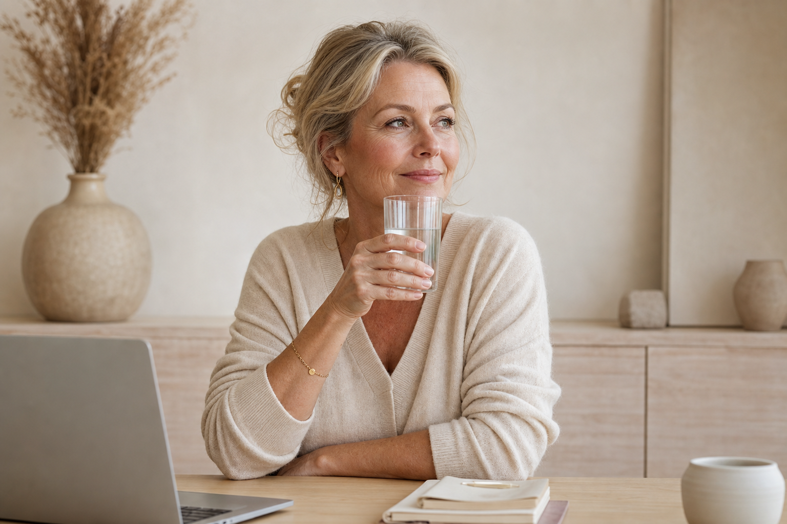 Nederlandse vrouw 56+ pauzeert aan bureau met water