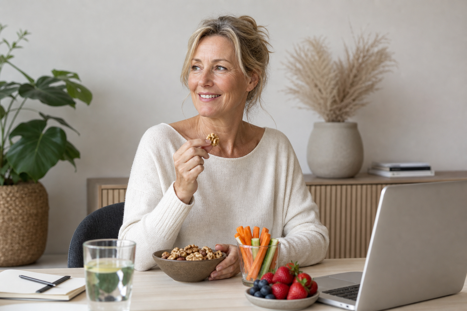 Nederlandse vrouw 51+ gezonde snacks op bureau