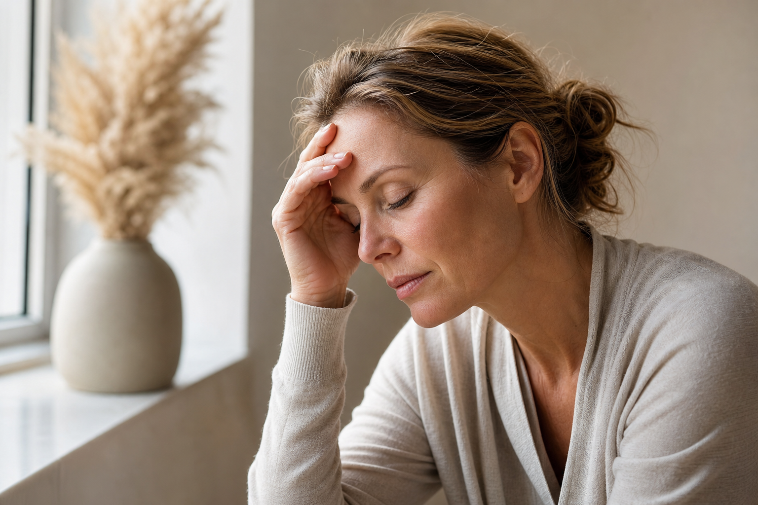 Nederlandse vrouw 48+ rustig bij raam met ochtendlicht