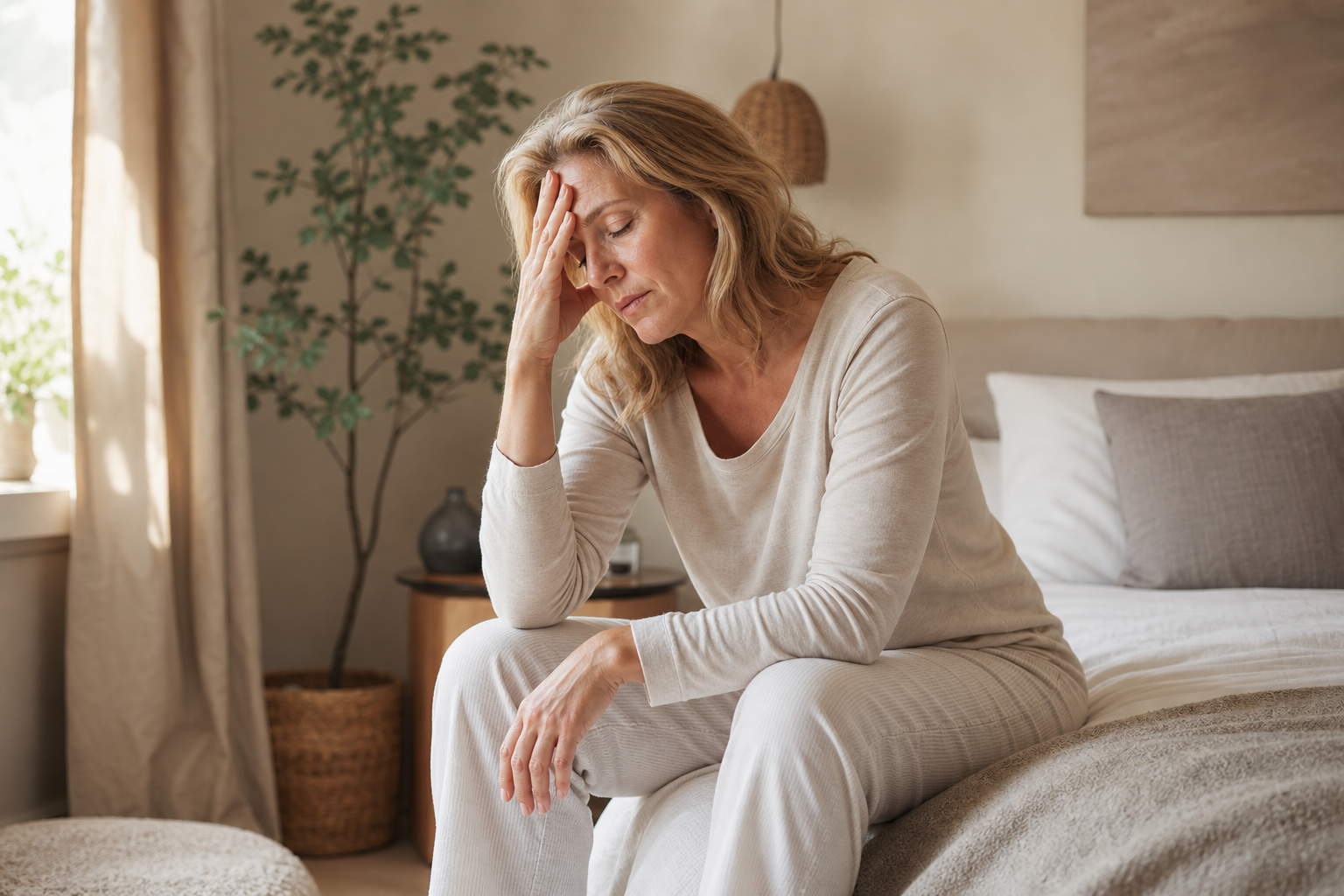 Vrouw in de overgang met vermoeidheid, rustige ochtendsetting
