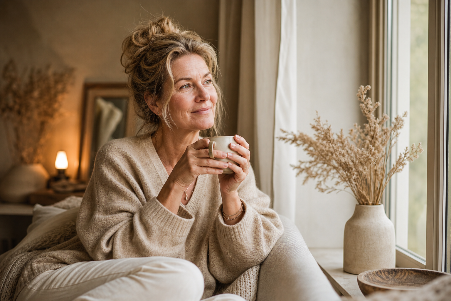 Nederlandse vrouw 54+ rust thuis met thee bij raam