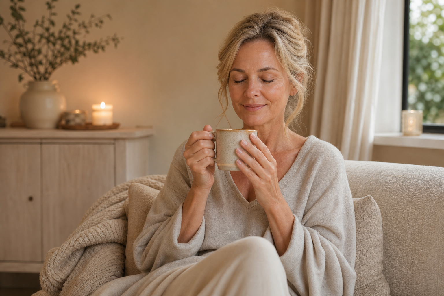 Nederlandse vrouw 49+ rustige avondroutine met kop thee