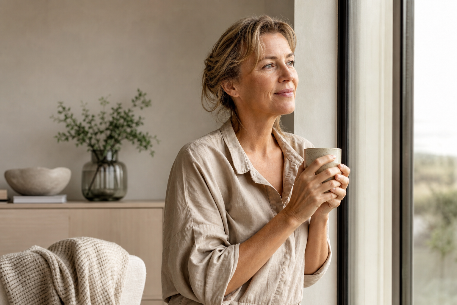 Nederlandse vrouw 48+ energieke ochtendroutine bij raam