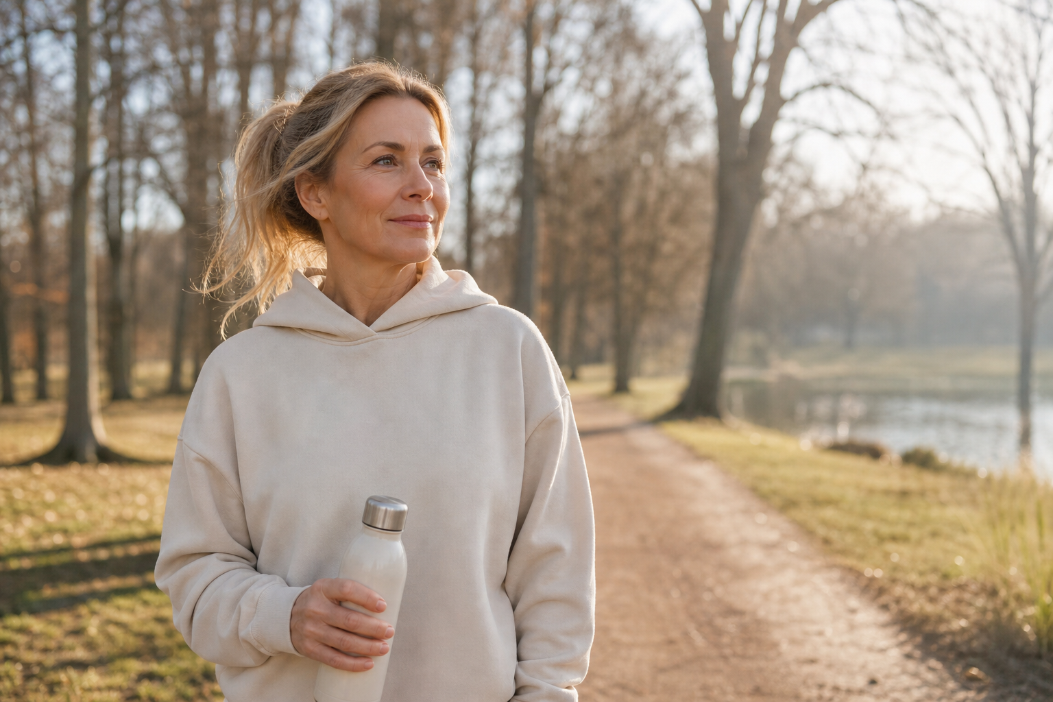 Nederlandse vrouw 49+ rustige ochtendwandeling in park