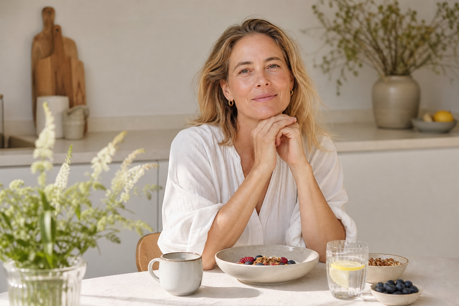 Nederlandse vrouw 52+ gezond ontbijt aan lichte keukentafel