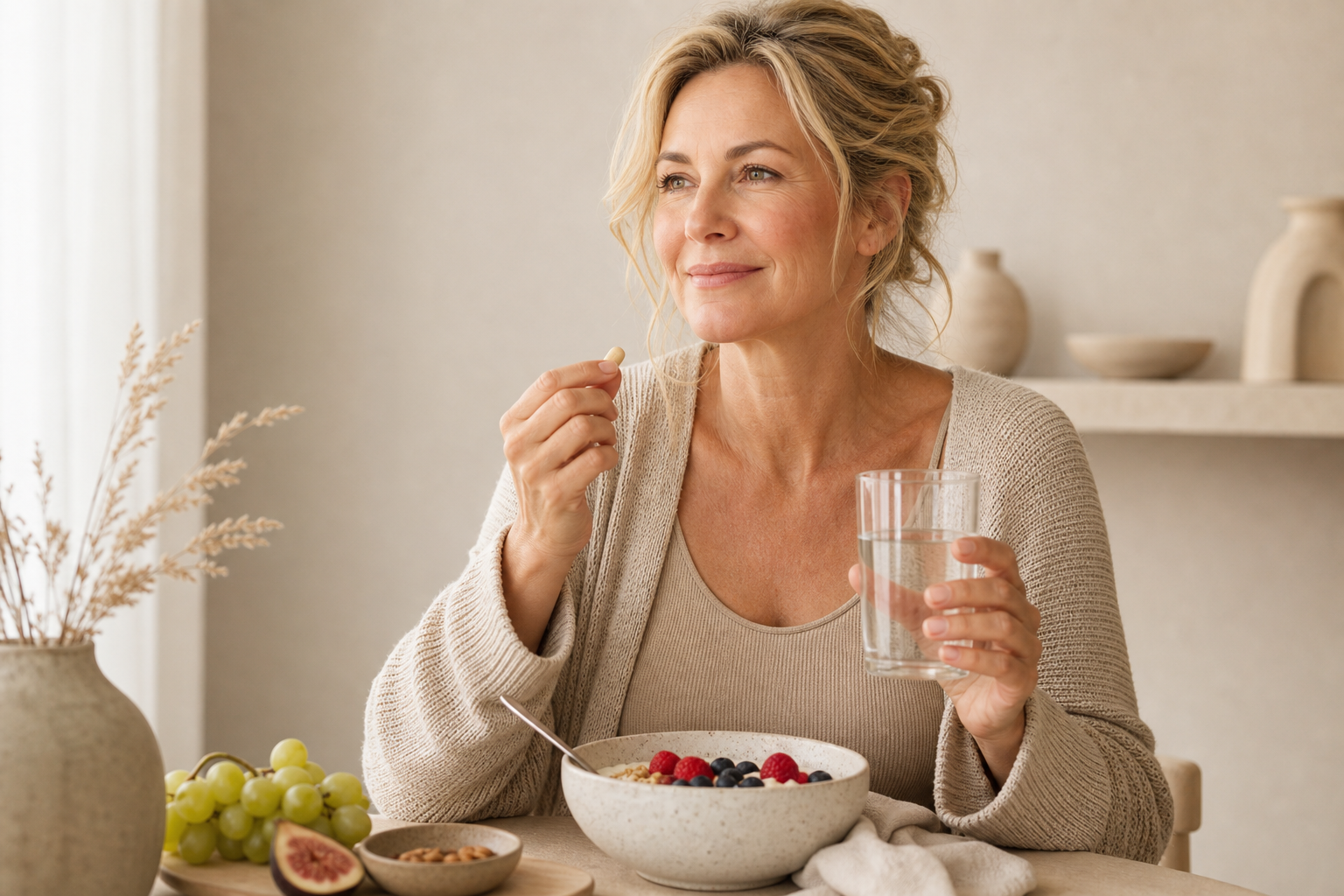 Nederlandse vrouw 50+ neemt supplement bij ontbijt