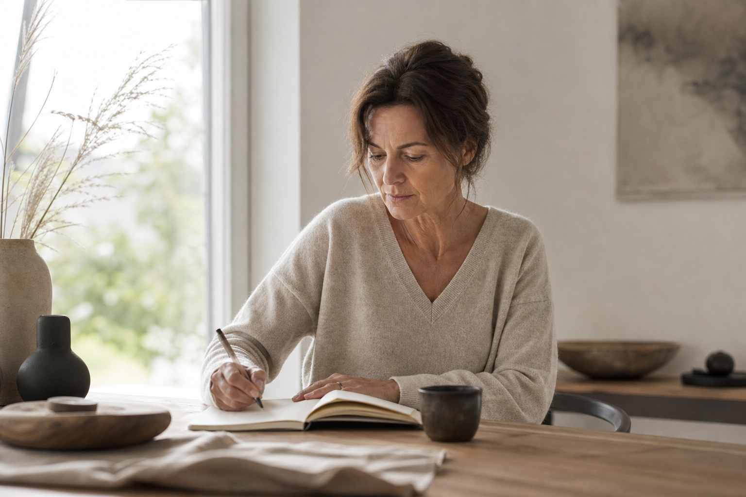 Nederlandse vrouw 50+ geconcentreerd werken aan tafel
