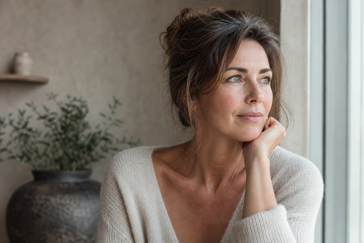 Nederlandse vrouw 49+ peinzend bij raamlicht