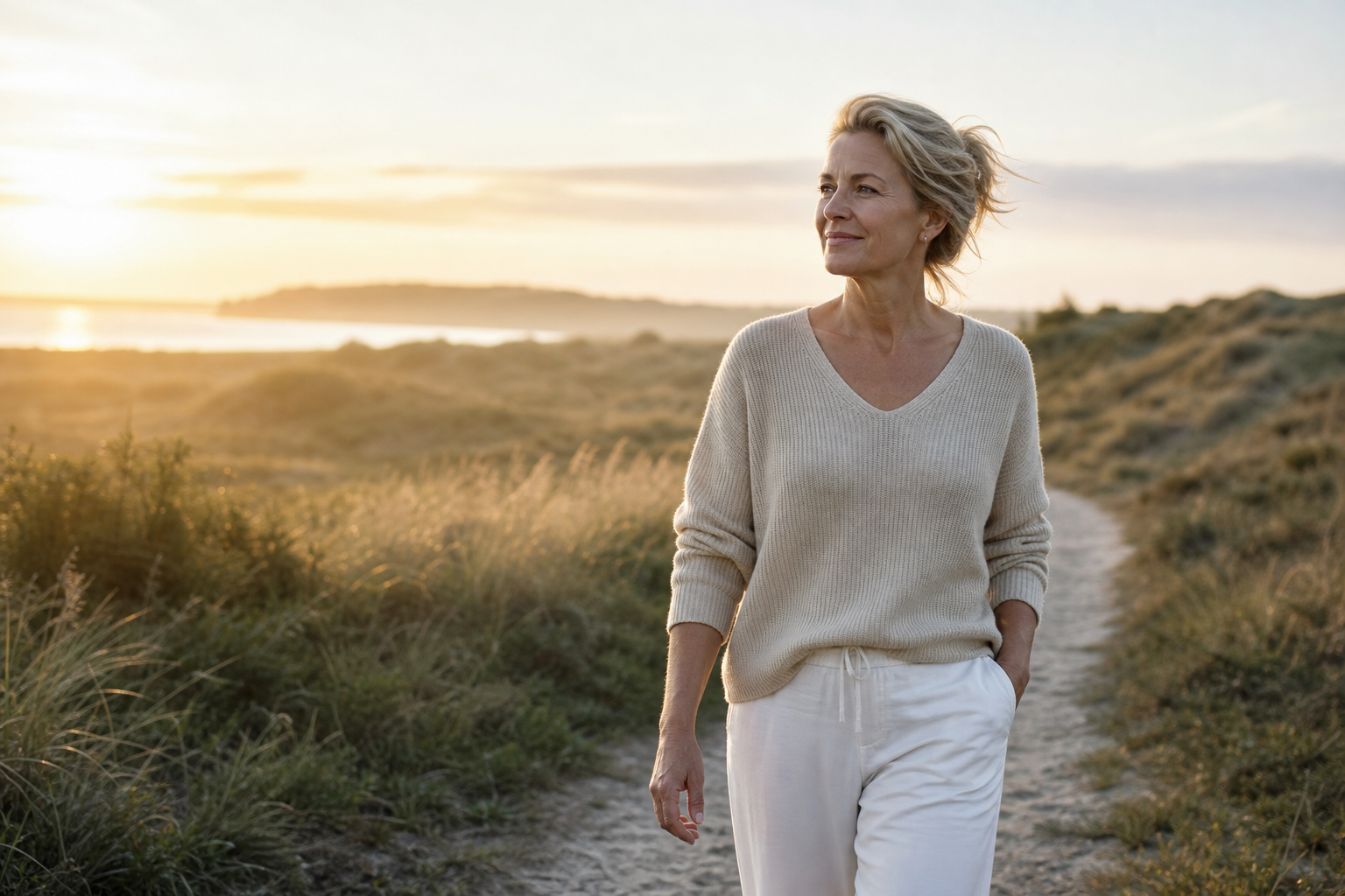 Nederlandse vrouw 53+ wandelt in ochtendzon