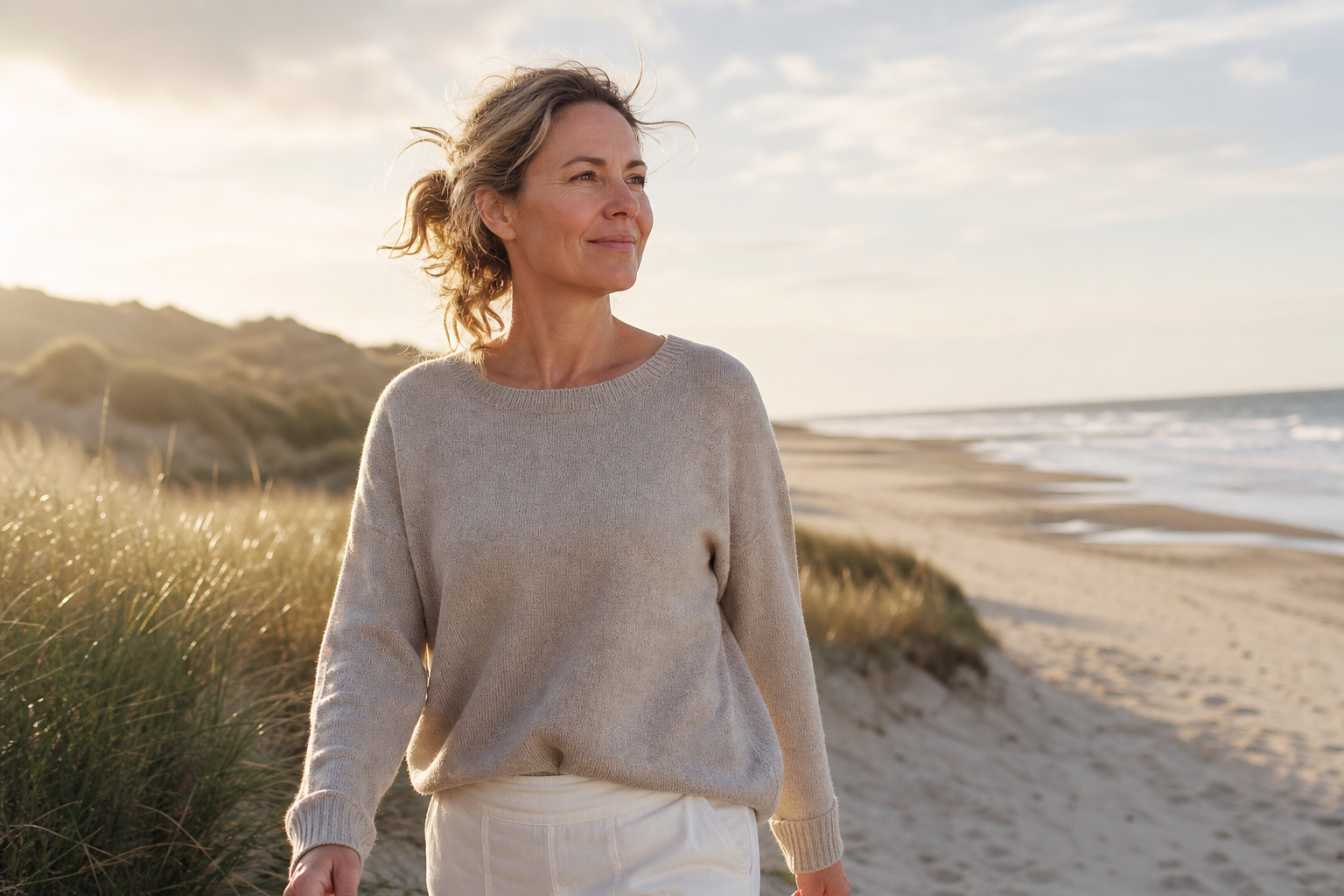 Nederlandse vrouw 50+ wandelt in ochtendzon
