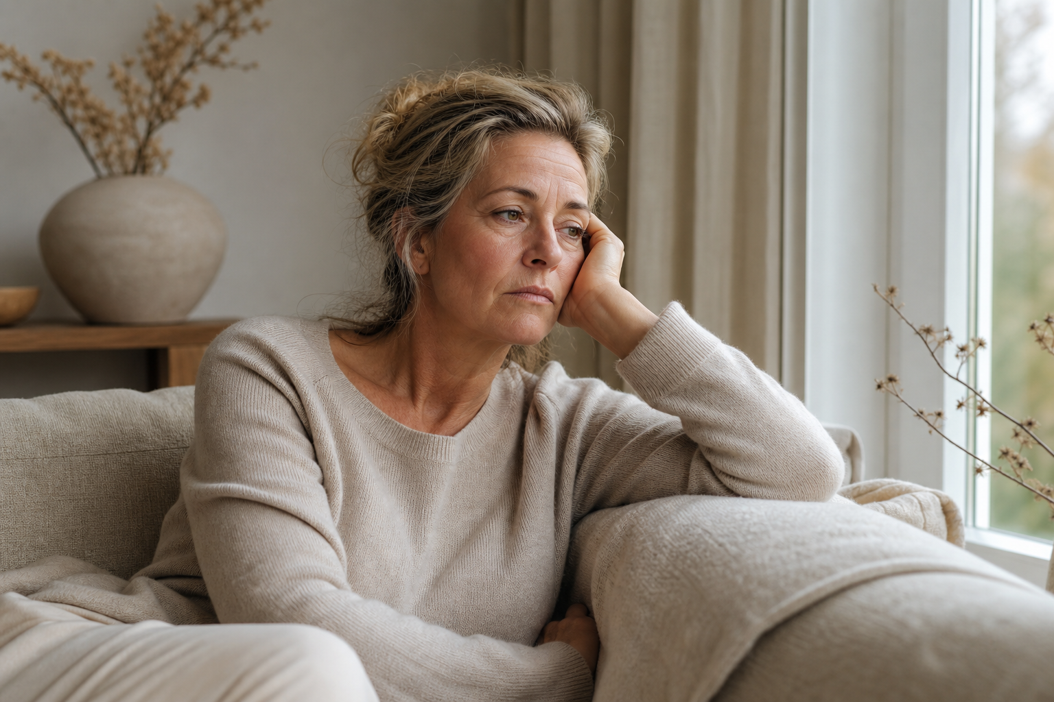 Nederlandse vrouw 52+ moe op bank bij ochtendlicht