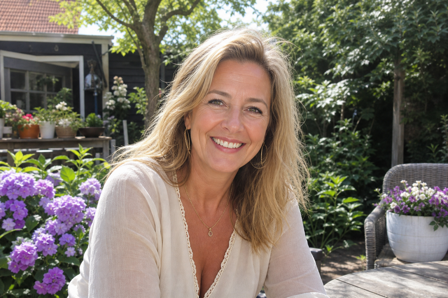 Nederlandse vrouw 53+ in zonnige tuin