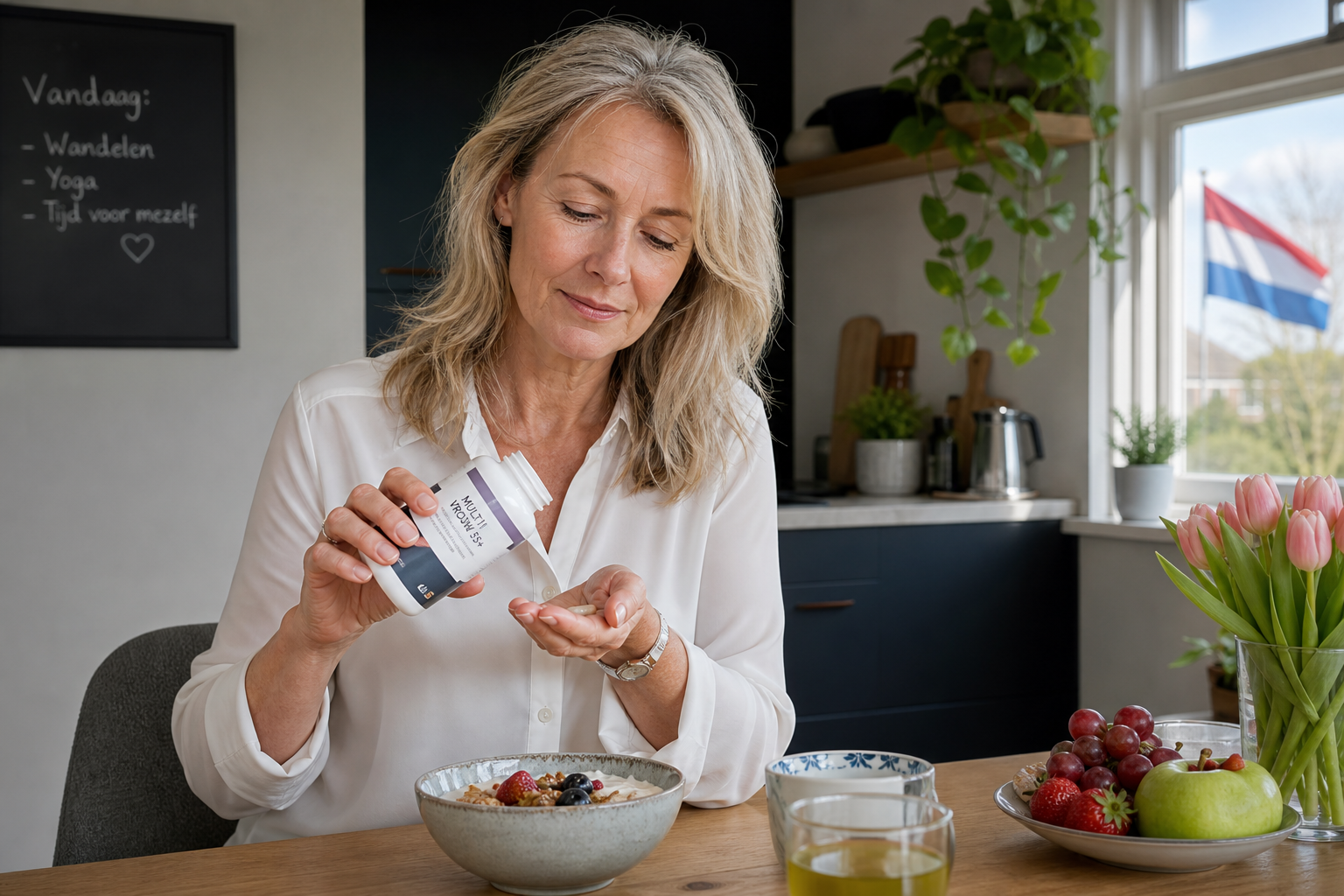Nederlandse vrouw 55+ supplement bij ontbijt