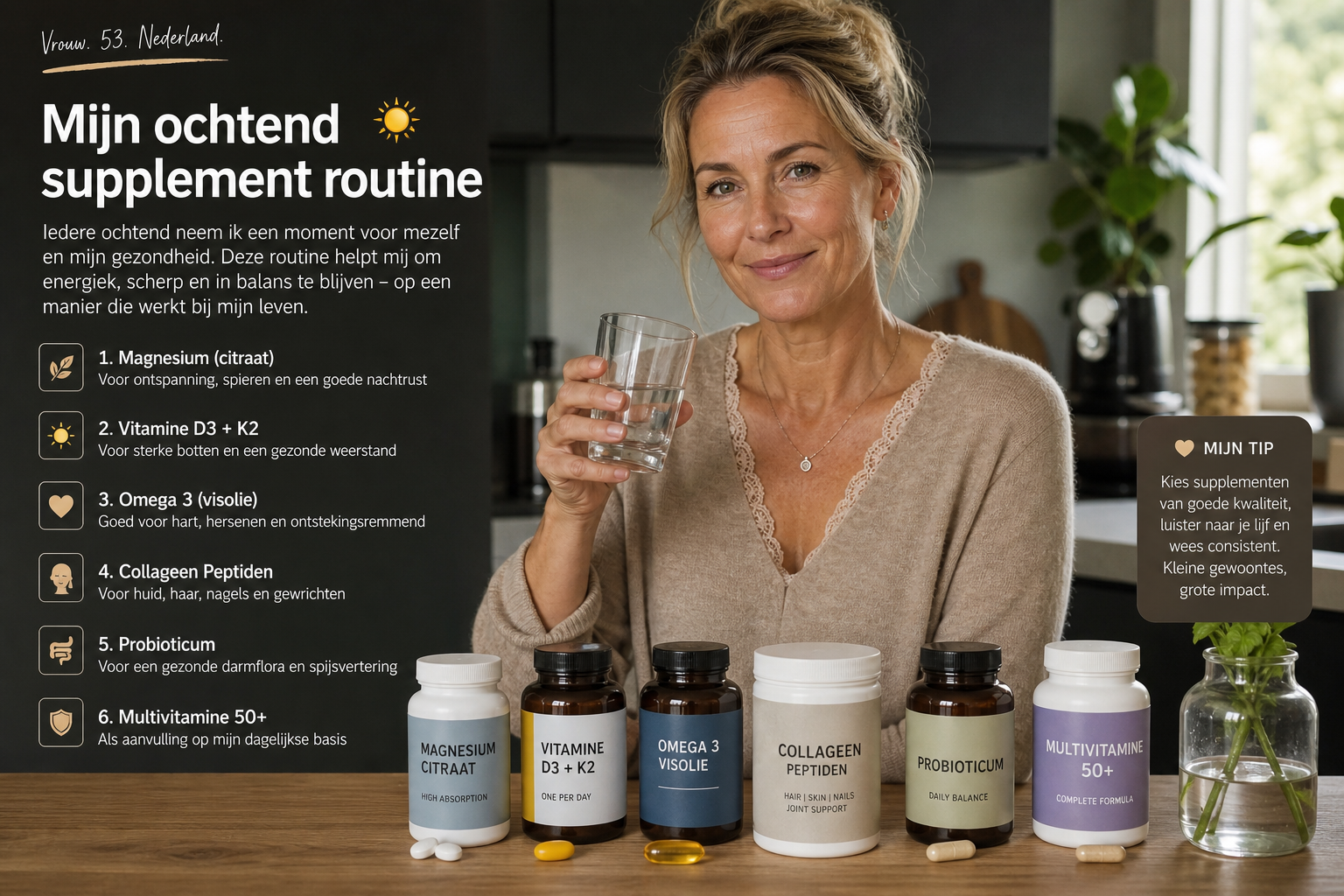 Nederlandse vrouw 53+ supplementroutine ochtend