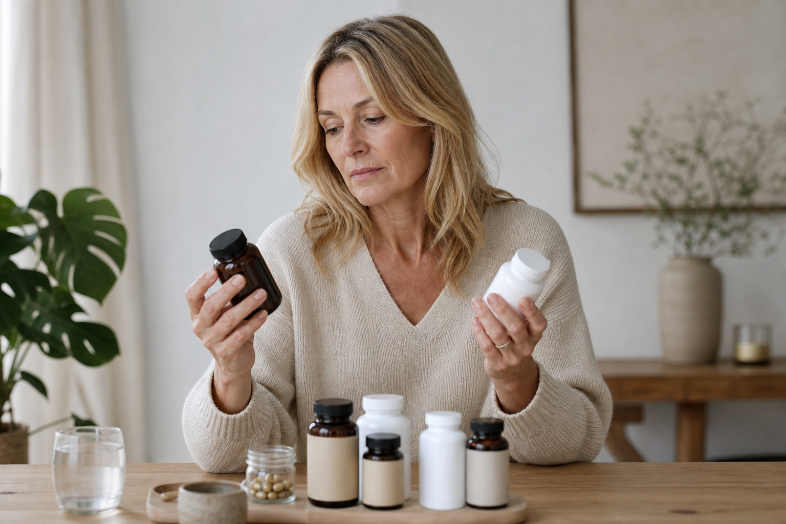 Nederlandse vrouw 54+ vergelijkt supplementen rustig aan tafel