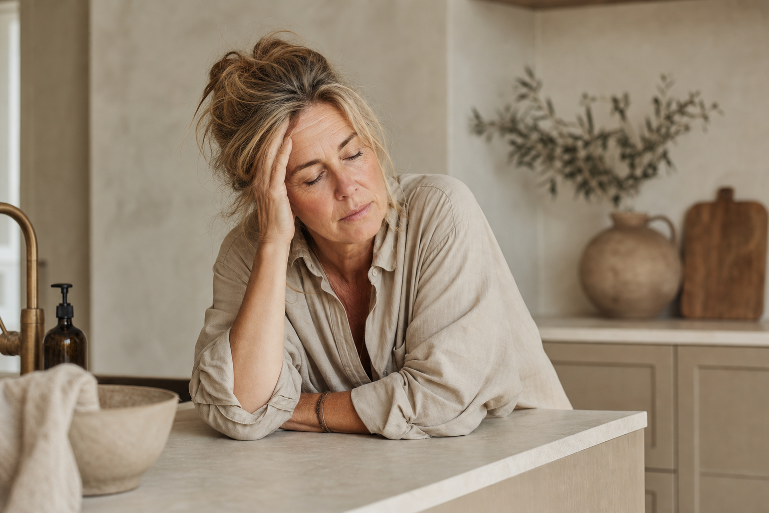 Nederlandse vrouw 56+ moe na werkdag aan keukentafel