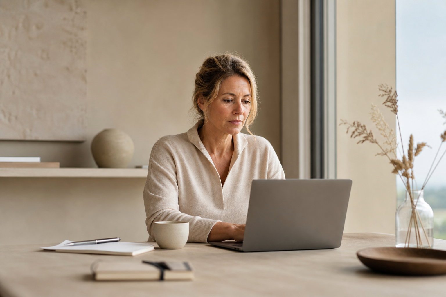 Nederlandse vrouw 53+ geconcentreerd werken bij raam