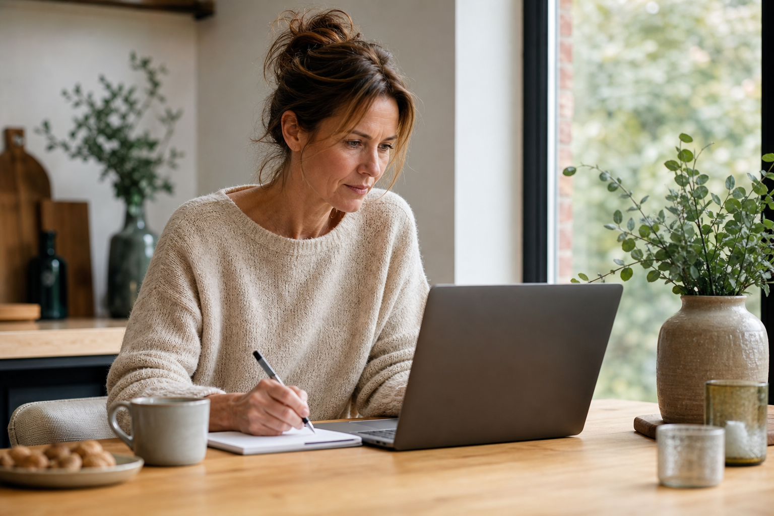 Nederlandse vrouw 48+ werkt geconcentreerd aan keukentafel bij raam