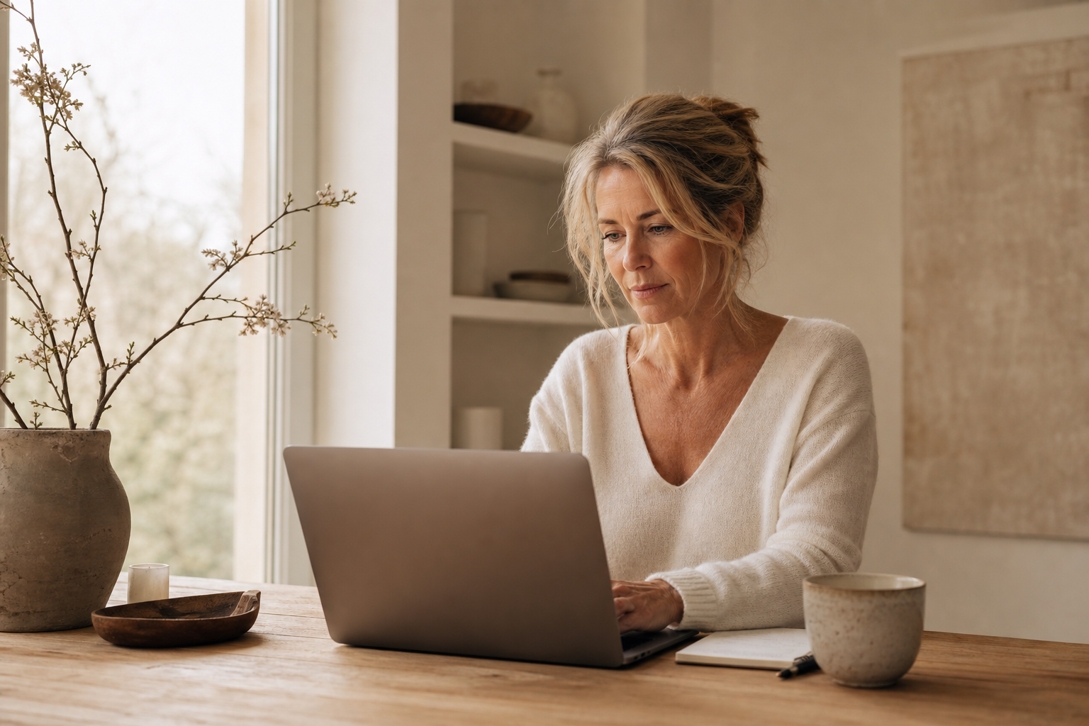 Nederlandse vrouw 53+ geconcentreerd werken bij raam