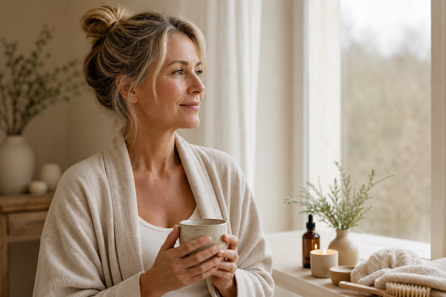 Nederlandse vrouw 52+ rustige ochtendroutine bij raam
