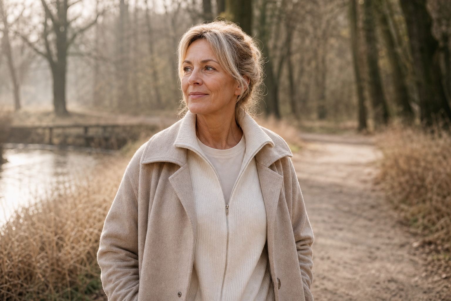 Nederlandse vrouw 56+ ochtendwandeling in park