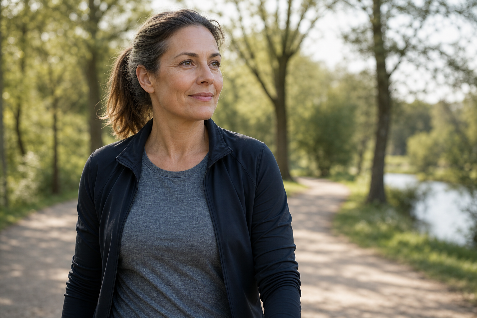 Nederlandse vrouw 47+ wandelt actief in park
