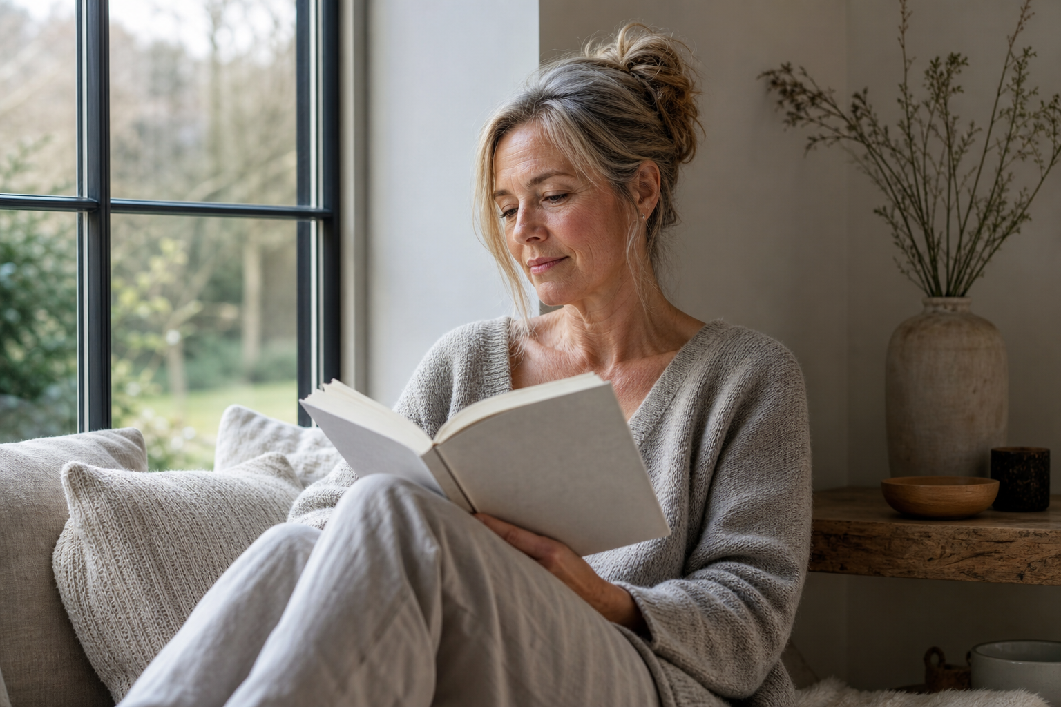 Nederlandse vrouw 54+ leest rustig boek bij raamlicht