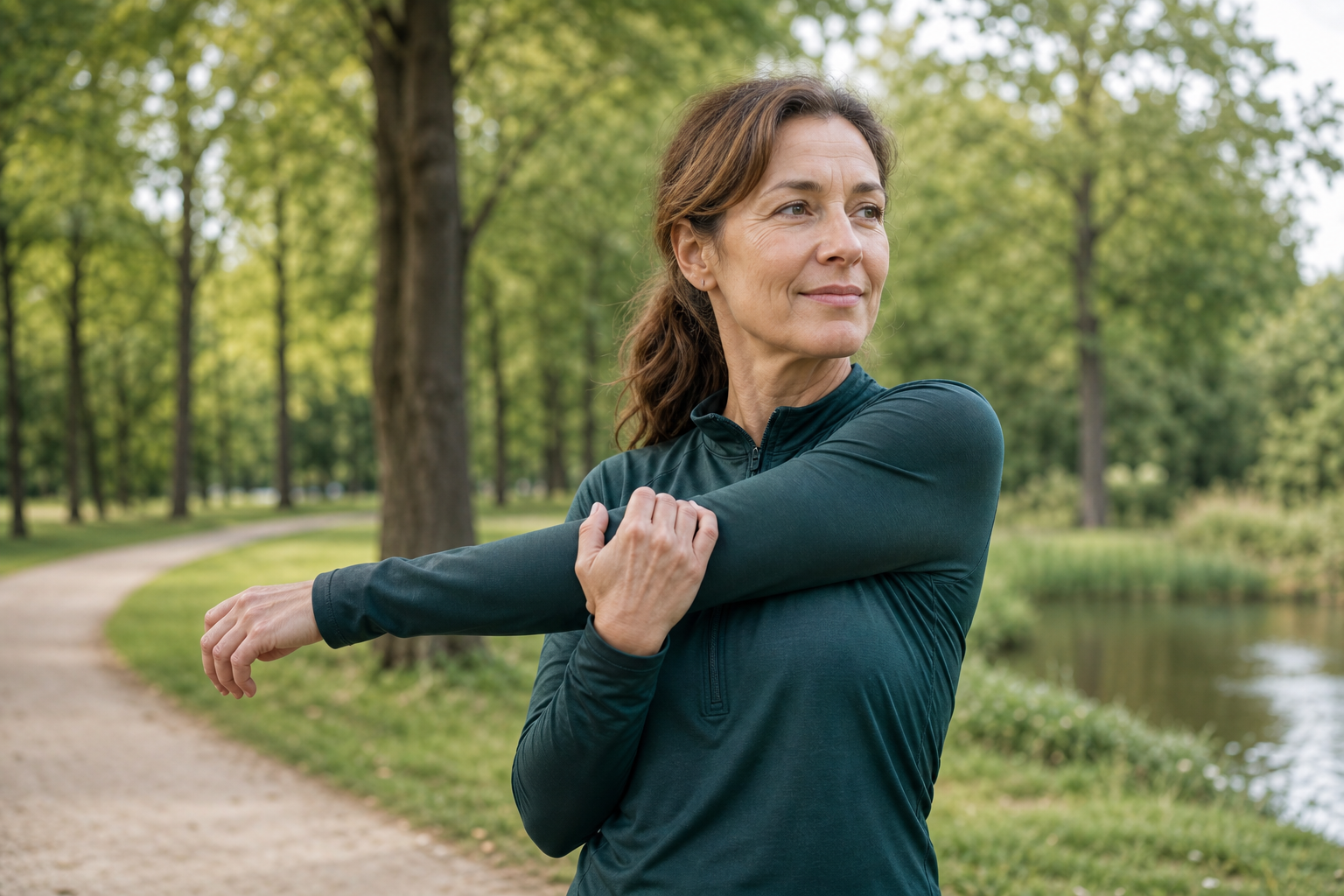 Nederlandse vrouw 48+ rekt uit na wandeling in park