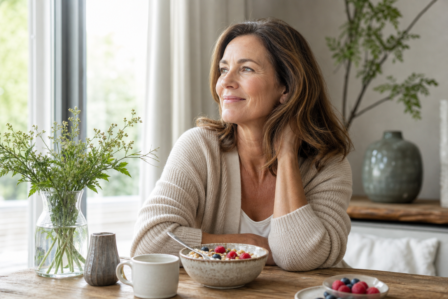 Nederlandse vrouw 51+ met gezond ontbijt en natuurlijk licht