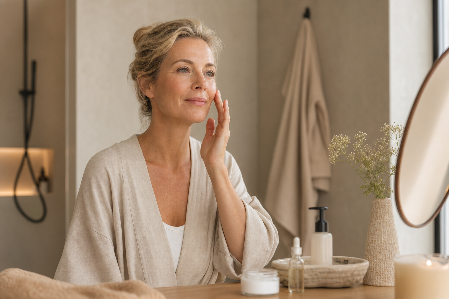 Nederlandse vrouw 50+ rustige ochtendroutine met gezonde huid
