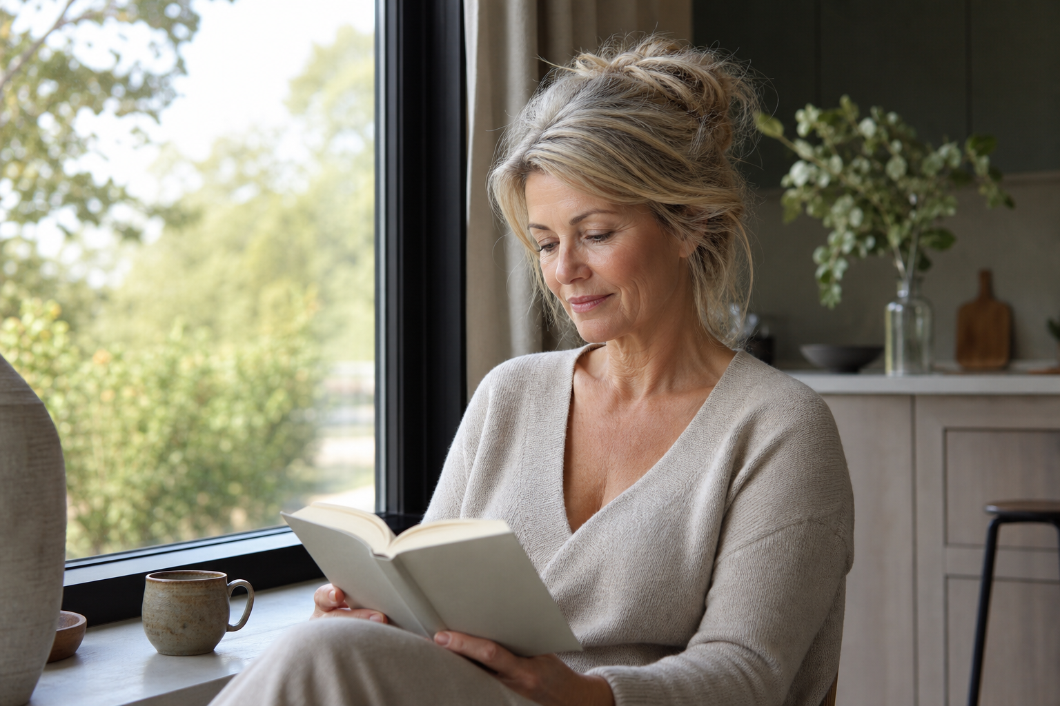 Nederlandse vrouw 51+ leest rustig bij keukenraam