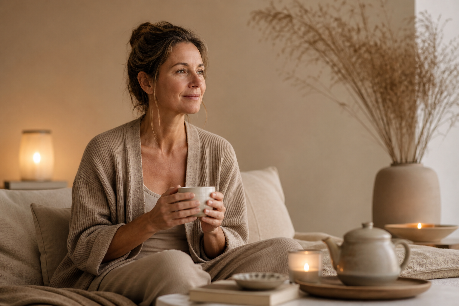 Nederlandse vrouw 49+ rustige avondroutine met kop thee